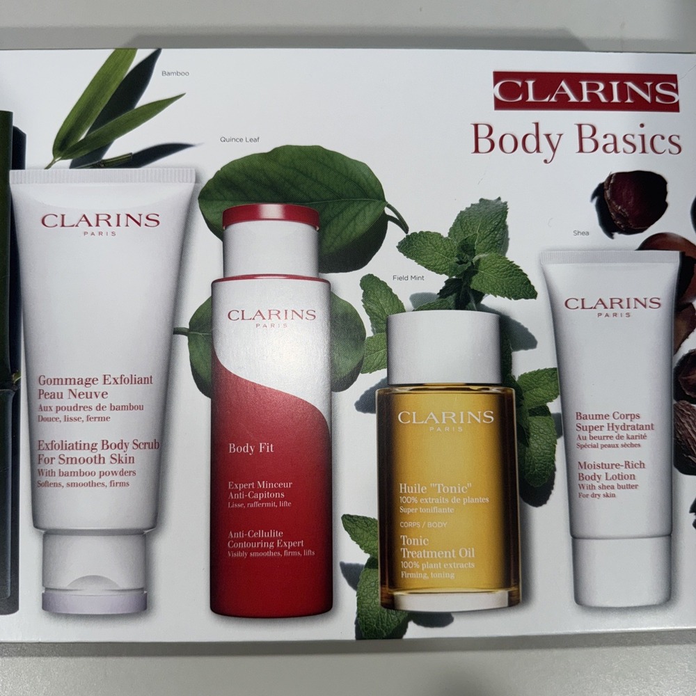 CLARINS BODY BASICS Kit Body Fit, Scrub, Tonic Treatment Oil, Body Lotion NIB